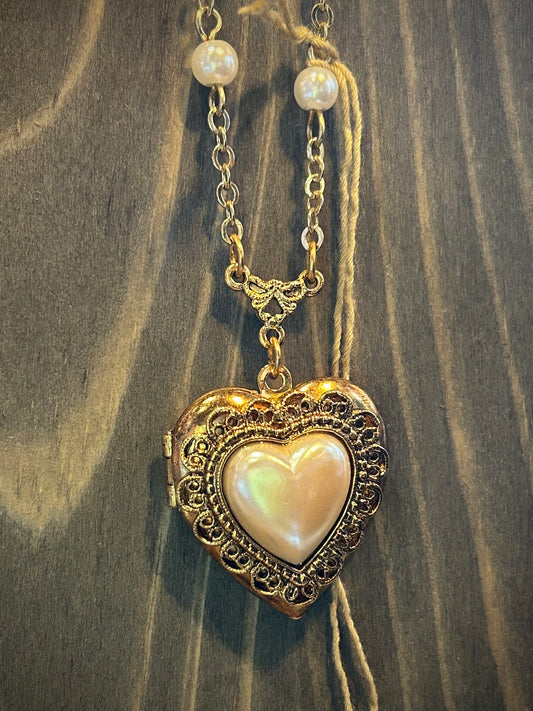 1928 Jewelry White Faux Pearl Heart Locket Necklace