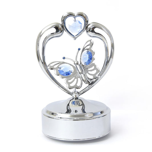 Chrome Revolving Musical Butterfly in Heart with Swarovski Crystals