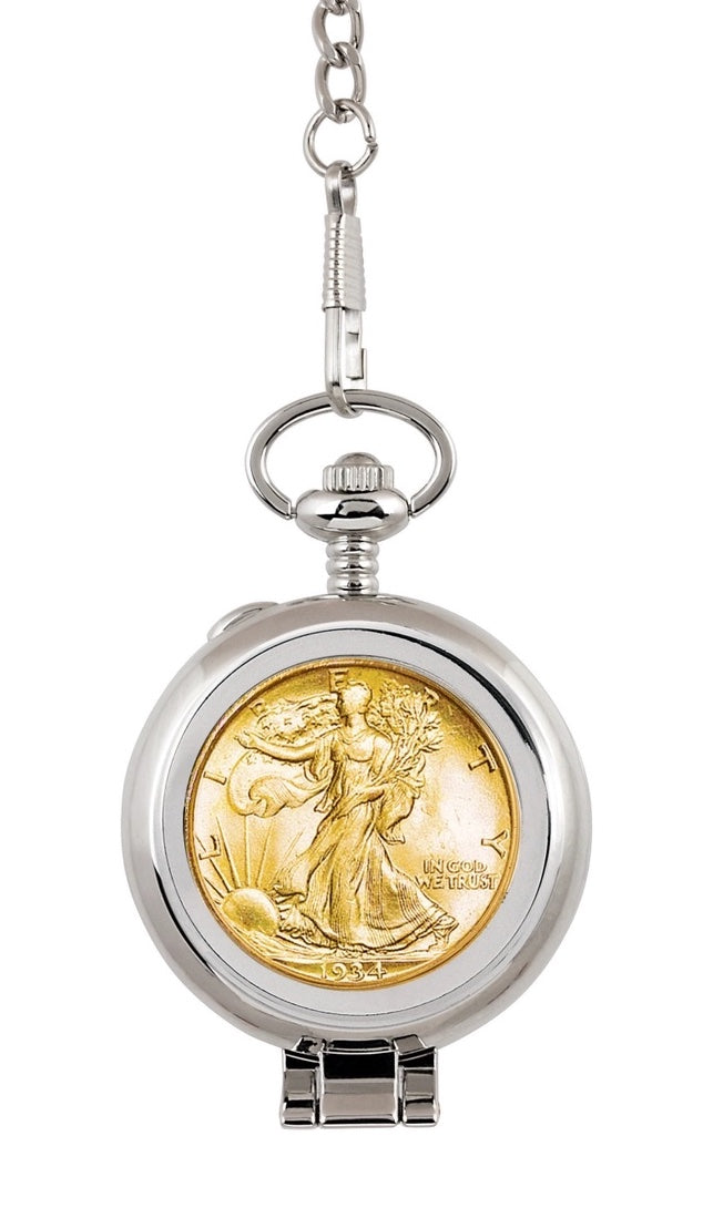 24kt Gold-Layered Silver Walking Liberty Half Dollar Pocket Watch