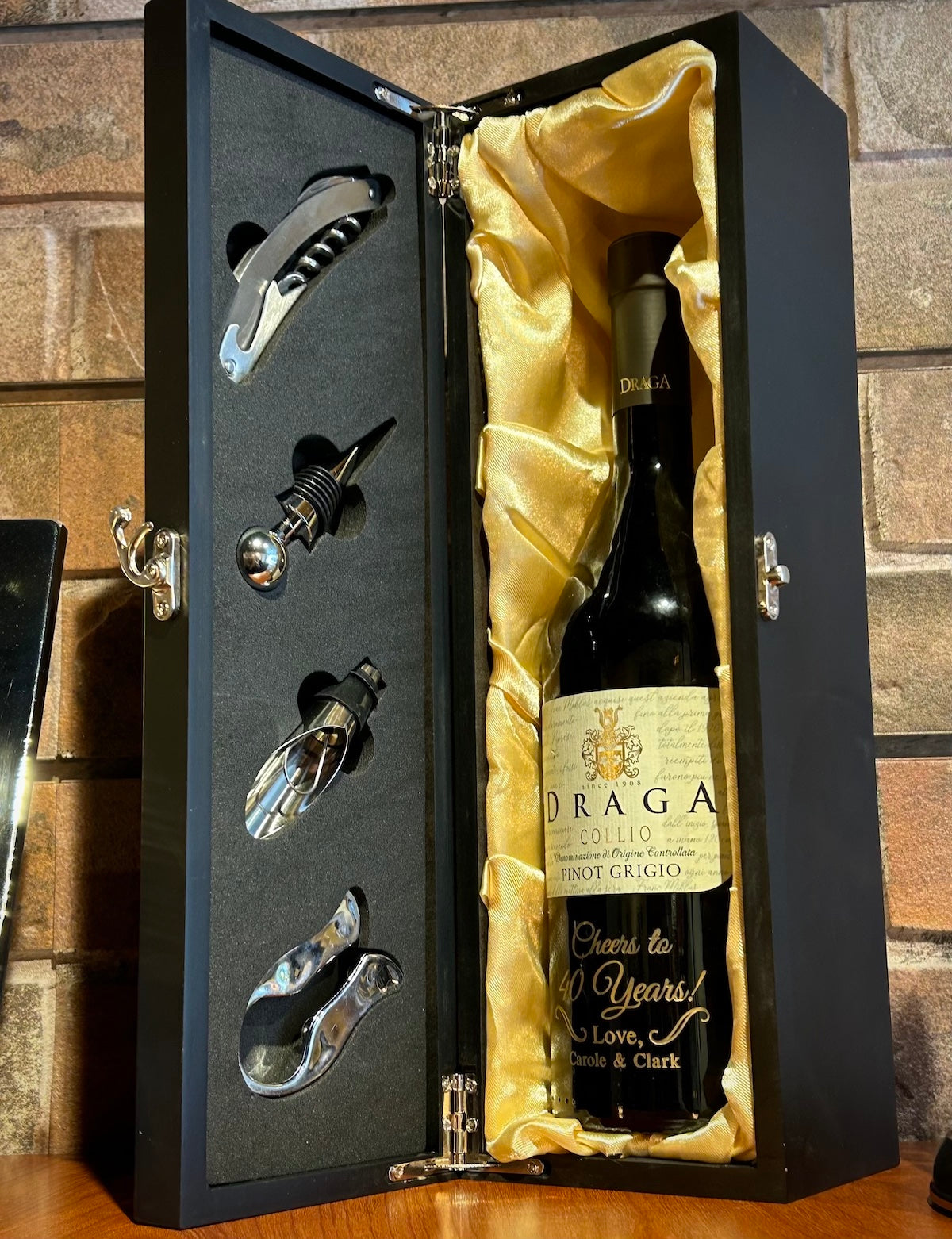 Matte Black Wine Bottle Box with Tools and Gold Cloth Interior