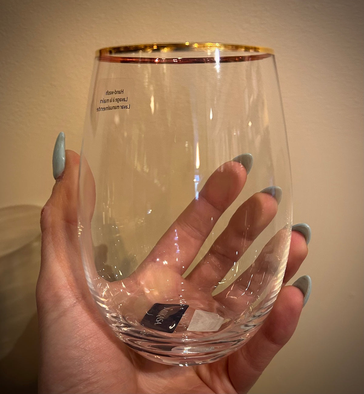 Mikasa Julie Gold Rim 19.75 oz Crystal Stemless Wine Glass