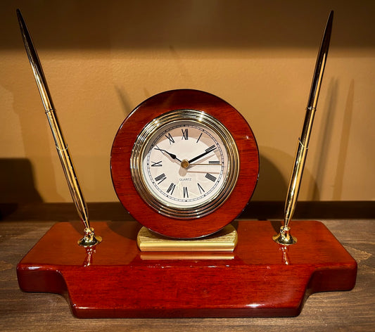 Rosewood Piano Finish Desk Clock with Double Pen Stand