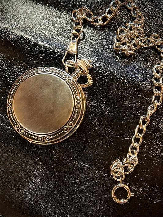 Brushed Silvertone Ornate Pocket Watch Photo Locket