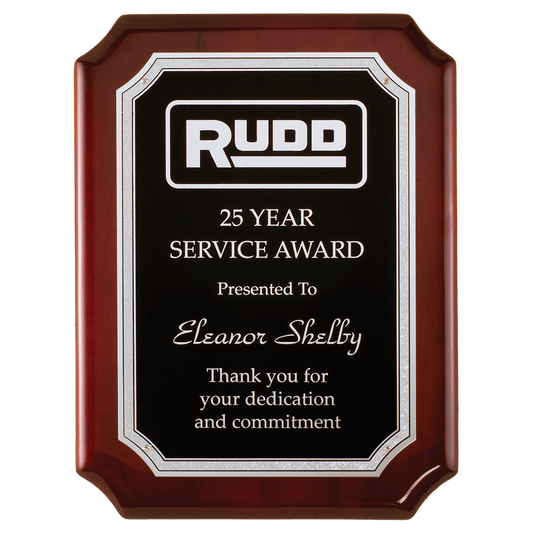 Rosewood High Gloss Scalloped Corners Plaque with Silver Florentine Border Black Plate