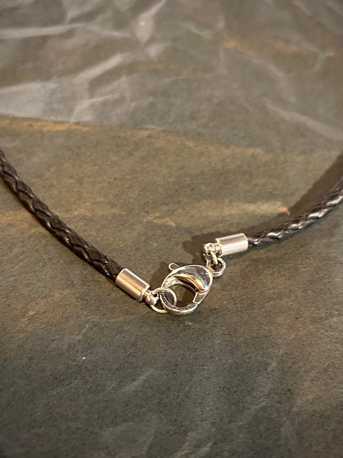 Satin Gunmetal Dog Tag on Braided Black Leather Cord Necklace