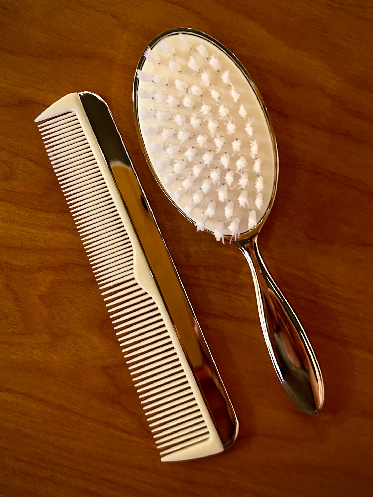 Silver Baby Comb & Brush Set with Teddy Bear Design