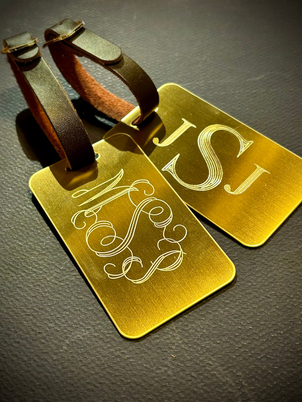 Solid Brass Luggage Tag with Brown Leather Strap