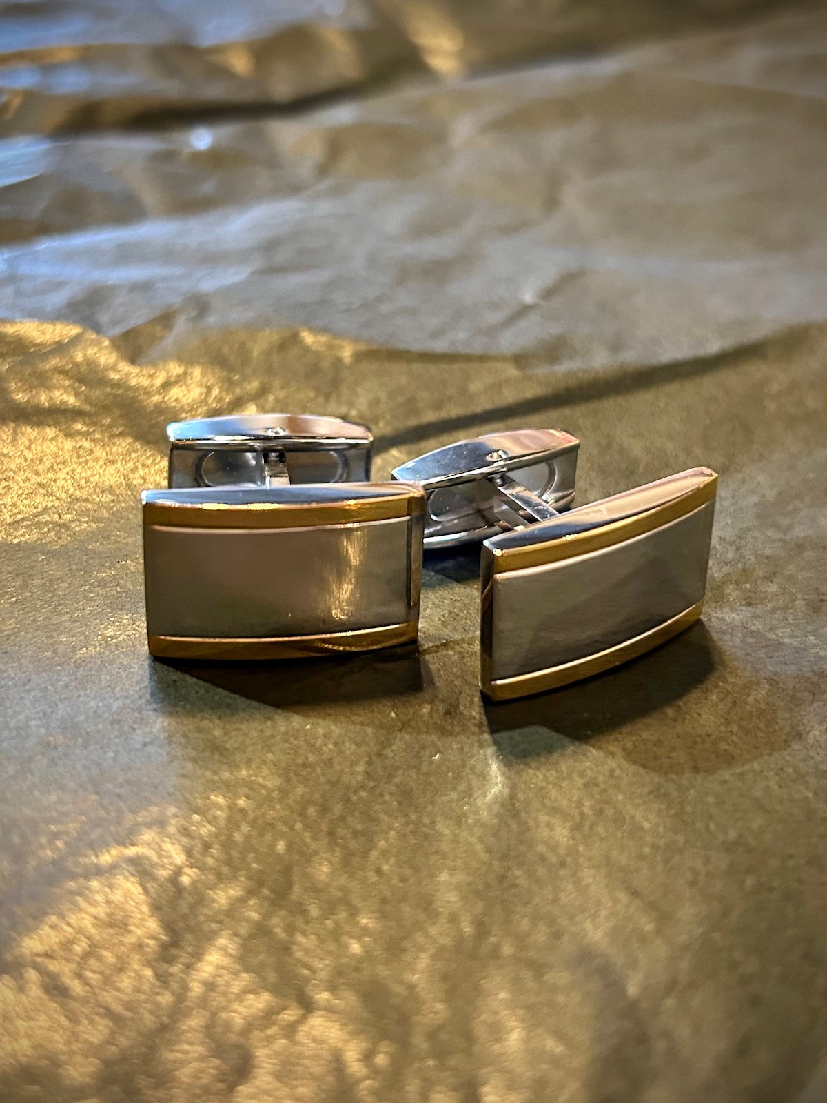 Two Tone Silver with Gold Accent Rectangular Cufflinks