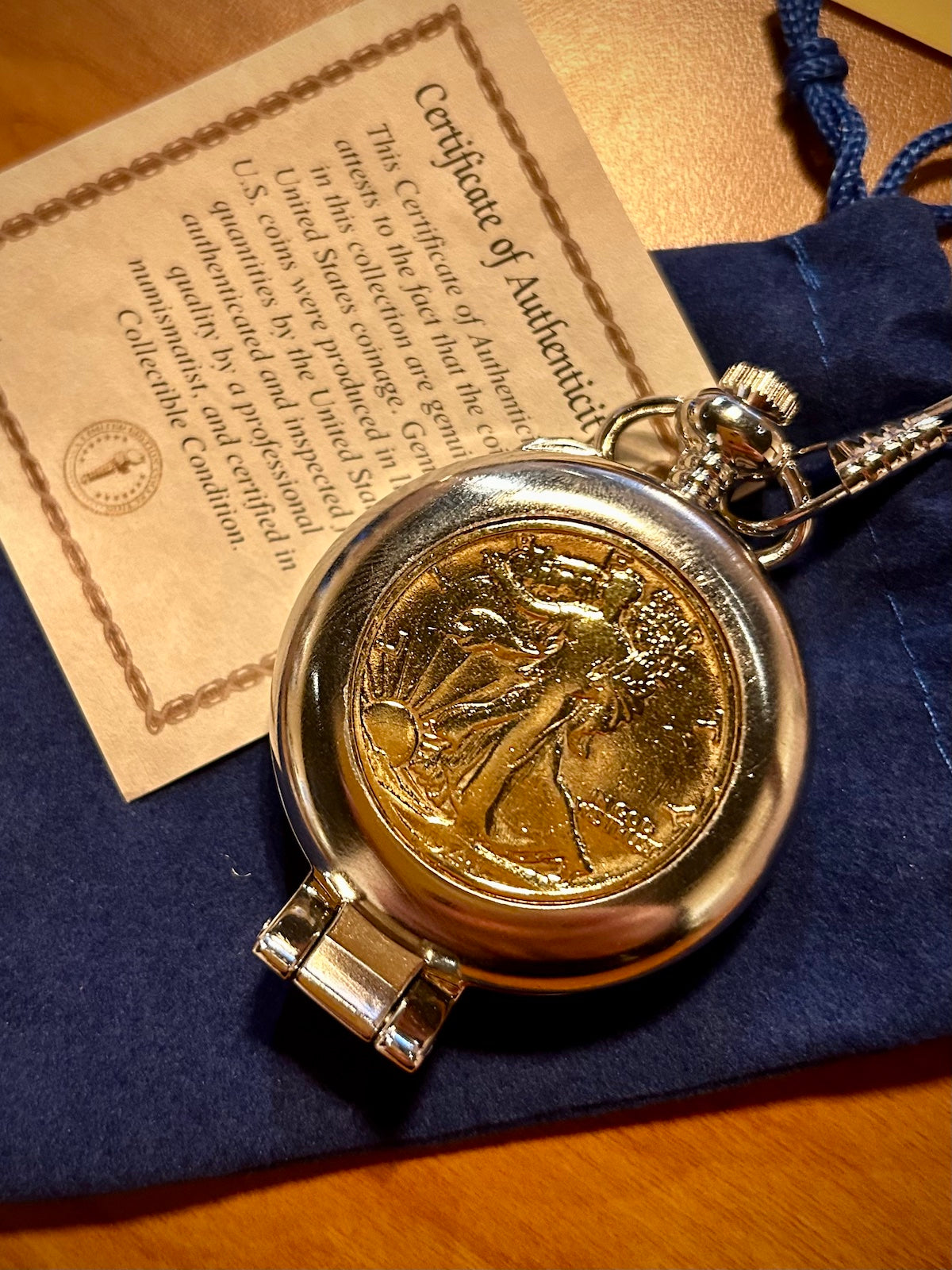 24kt Gold-Layered Silver Walking Liberty Half Dollar Pocket Watch