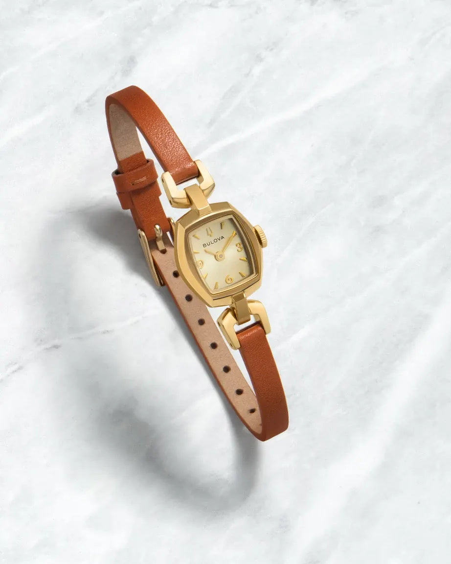 Bulova Ladies Goddess of Time "Jackie" Gold Watch with Brown Strap