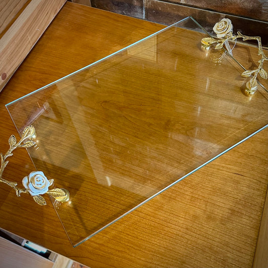 Glass Tray with White Rose Gold Handles