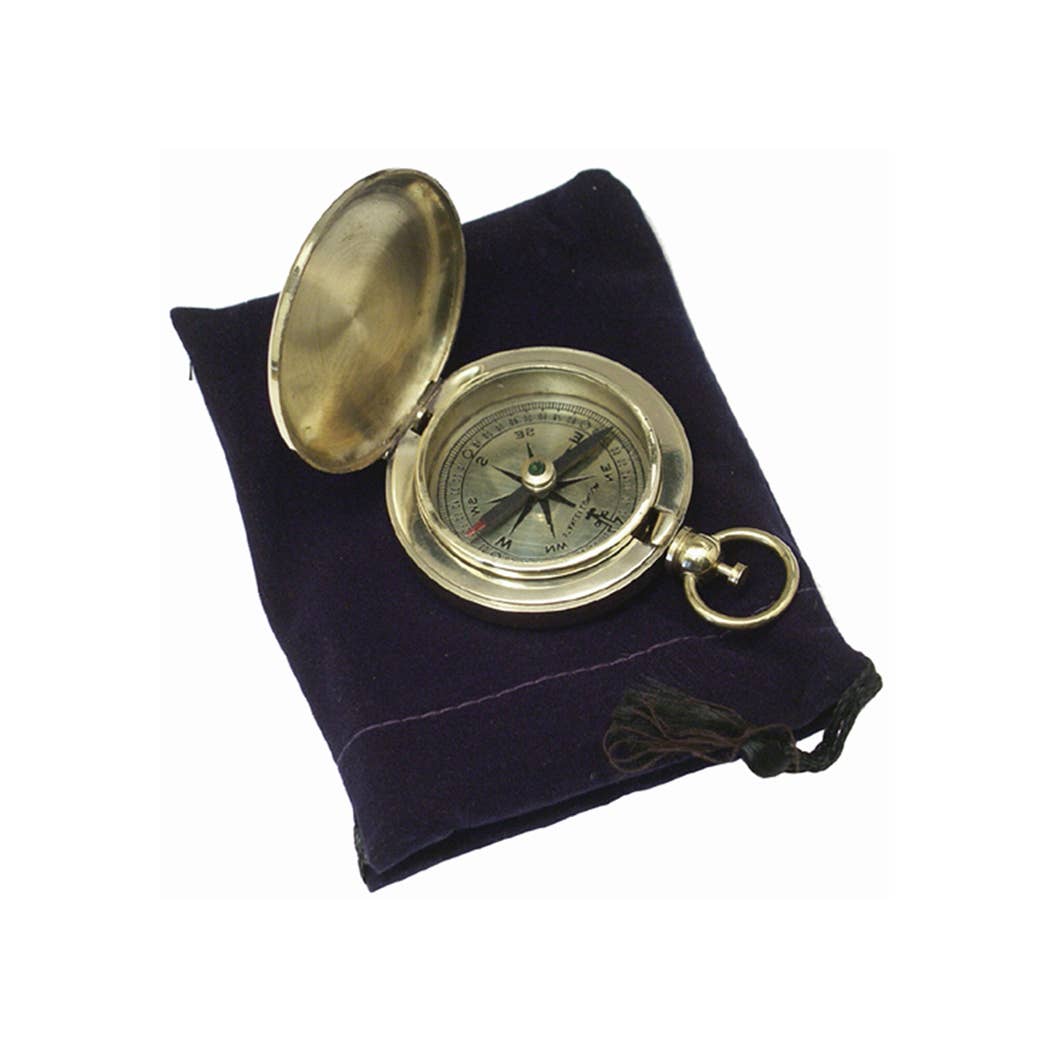 1-7/8" Solid Polished Brass Pocket Compass with Felt Pouch