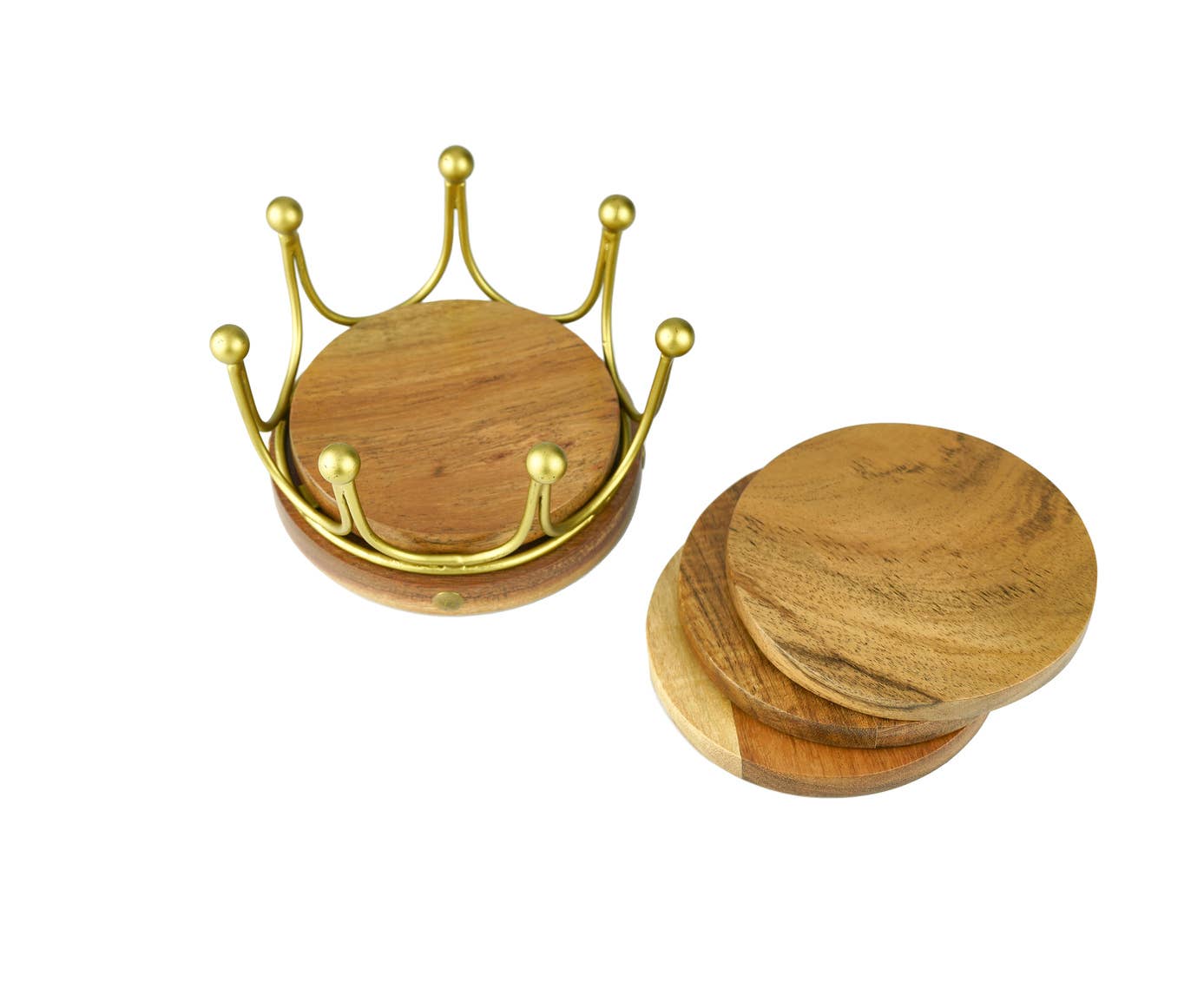 Godinger Set of Four Acacia Coasters with Gold Crown Stand