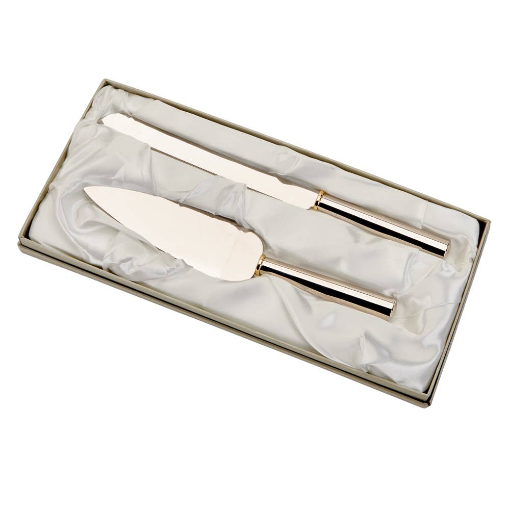 Gold Ring Silver Handle Cake Knife & Server Set