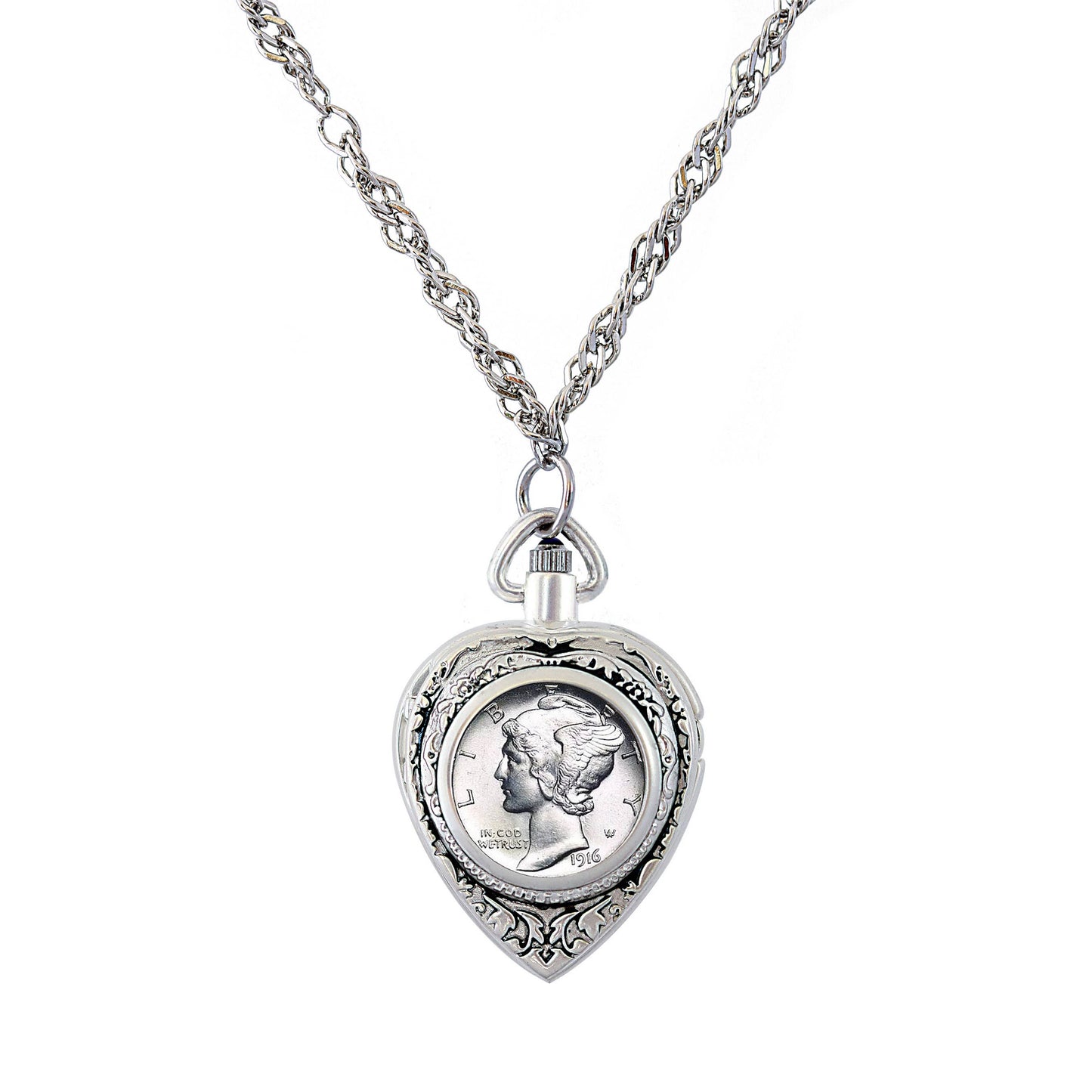 Silver Mercury Dime Coin Heart Locket Pocket Watch Pendant