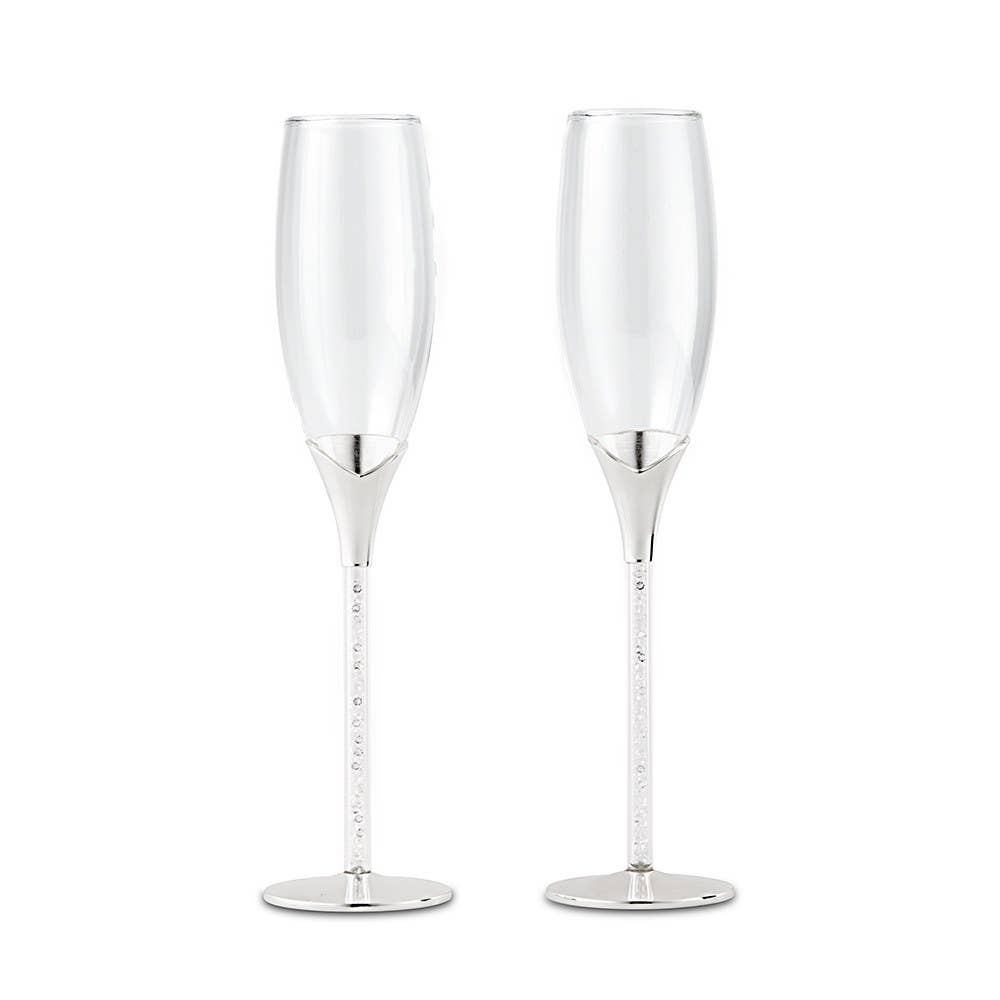 Glass Stem with Gems Silver Champagne Toasting Flutes